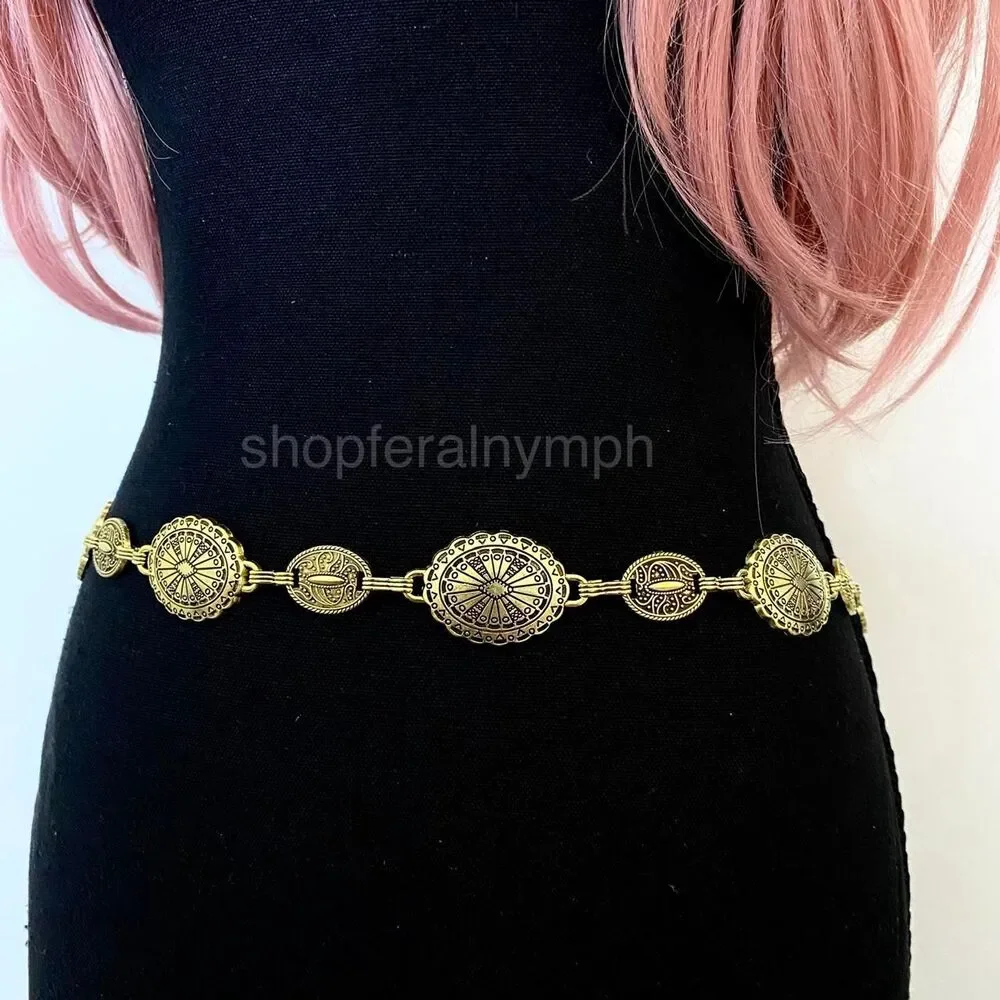 Antique Gold Boho Concho Medallion Waist Chain Belt, Fits 23-38 Inches, X7GA1348